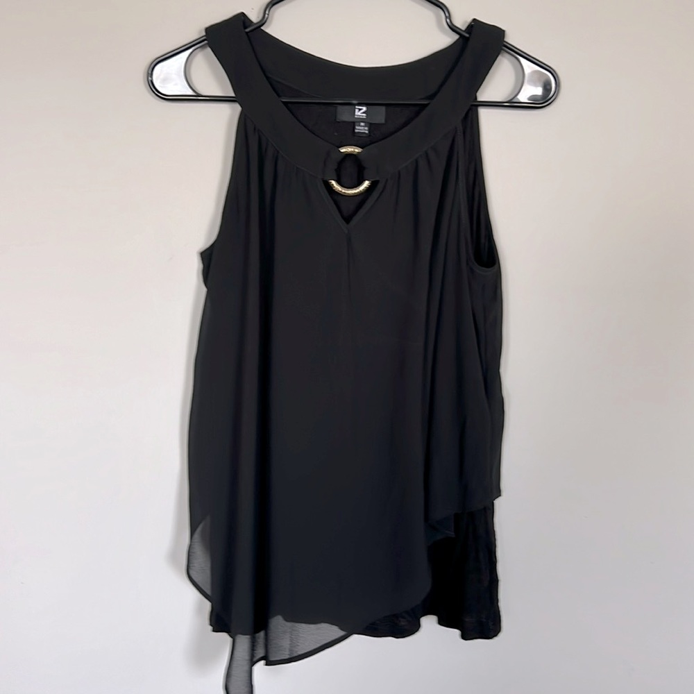 IZ Byer Black Crepe O Ring, Tee Lined, Tank size Medium Asymmetrical Hem